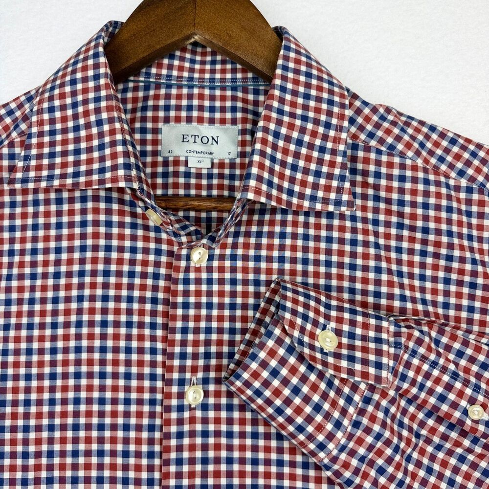 Eton Contemporary Dress Shirt Men's XL 43/17 Check Long Sleeve Button Down